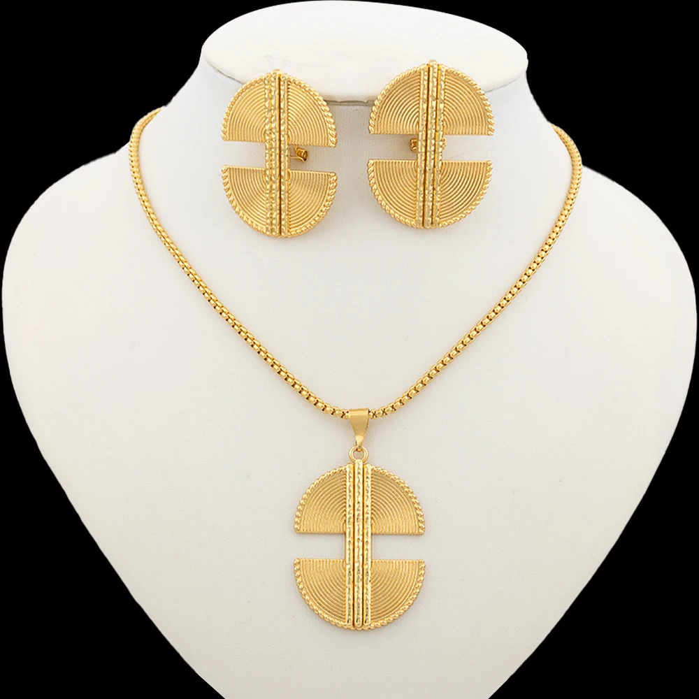 

Dubai Gold Plated Jewelry Sets Necklaces and Earrings for Women African Choker Pendant Geometry Jewelry Engagement Gifts