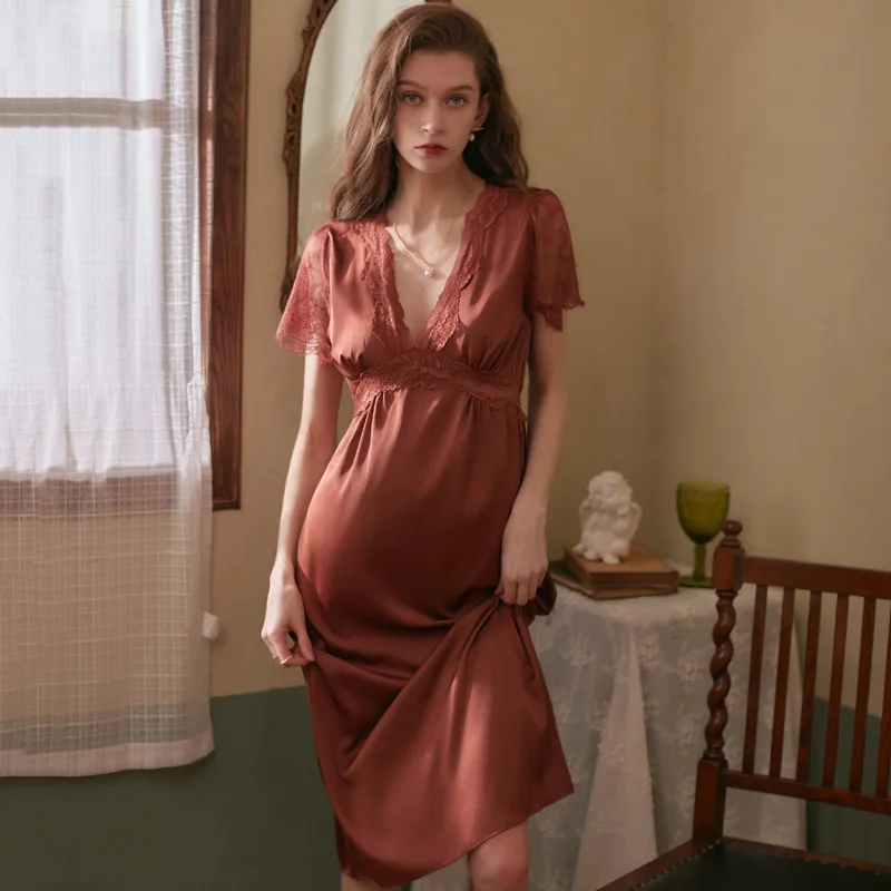 

Female Sexy V Collar Long Design New 2022 Summer Short Sleeve Ice Silk Lace Satin Mid-calf Nightdress Sleepwear Dressing Gowns