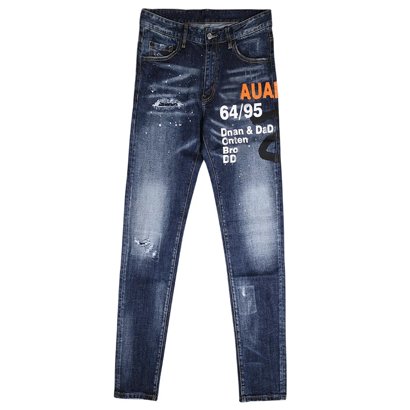 High Street Fashion Men Jeans Retro Blue Stretch Slim Fit Vintage Ripped Jeans Men Printed Designer Hip Hop Brand Pants Hombre
