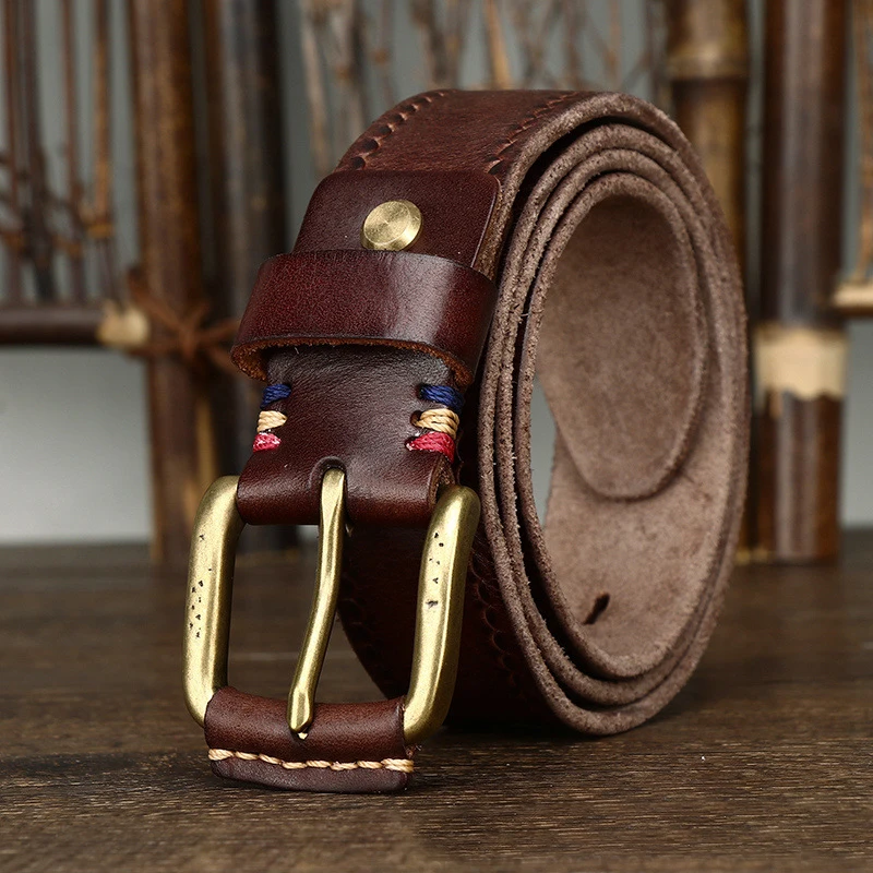 

For Men Waist Yellow Belt 3.8cm Width Retro Cowboy Jeans Belt Male Ceinture Vintage Brass Belt Buckle Genuine Leather Belt