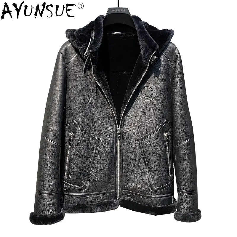 

AYUNSUE Winter Coat for Men Real Leather Jacket Men Coat Natural Sheepskin Fur In One Fur Coat Male Casaco De Pele Masculino