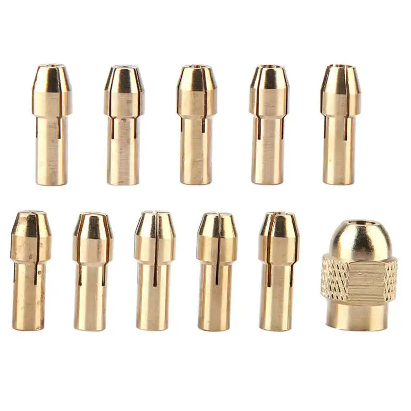 

Electric Drill Accessories 11pcs 4-jaw Copper Drill Chuck Collet Set for Mini Electric Grinder Rotate Tool 0.5-3.2mm Power Tool