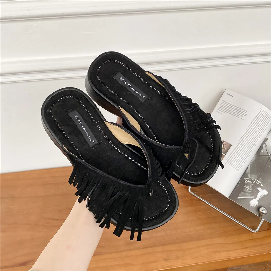 Summer Women Tassel Slippers Thick Soled Shoes Wear Clip on Flip-flops Casual Retro Slippers 2023 New Fashion Sandals Slide
