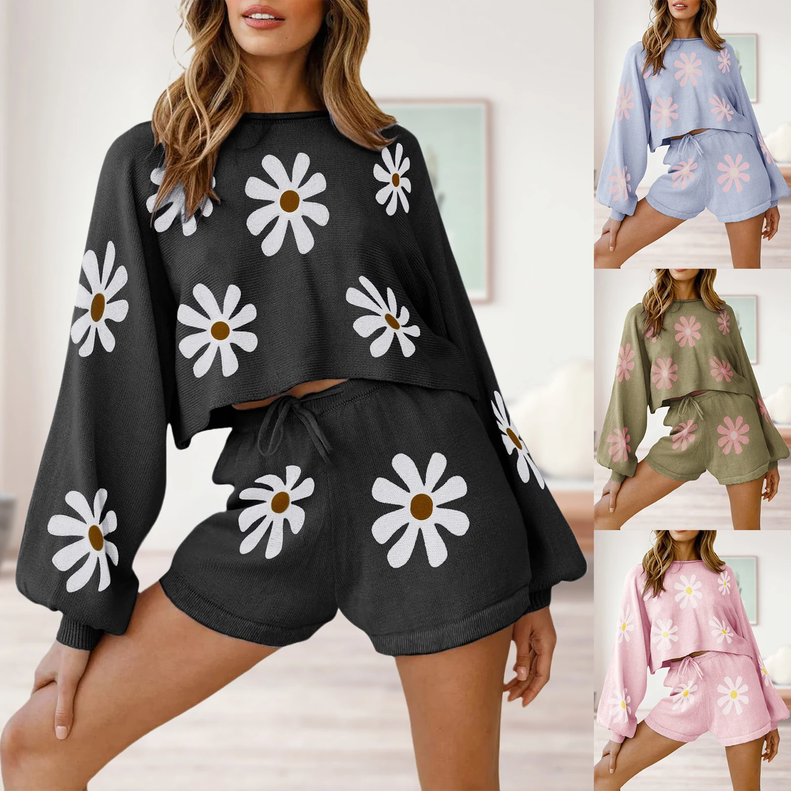 

Puff Sleeve Summer 2 Pieces Suit Crew Neck Women Long Sleeved Top Shorts Floral Pattern Elastic Waisted Tie Up Sleepwear Outfit