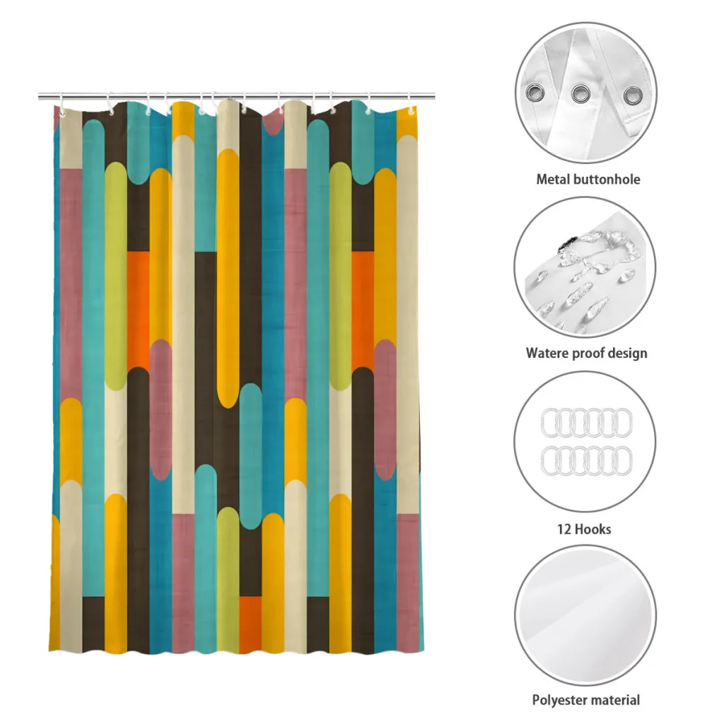 Retro Color Block Popsicle Sticks Blue Shower Curtains  Waterproof Fabric Creative Bathroom Decor with Hooks Home Accessories images - 6