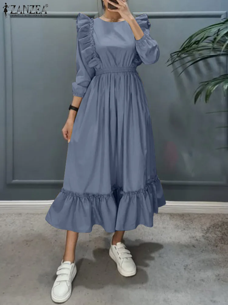 

Платье ZANZEA женское средней длины с длинным рукавом, модное однотонное элегантное винтажное вечернее платье оверсайз с оборками, в французс...