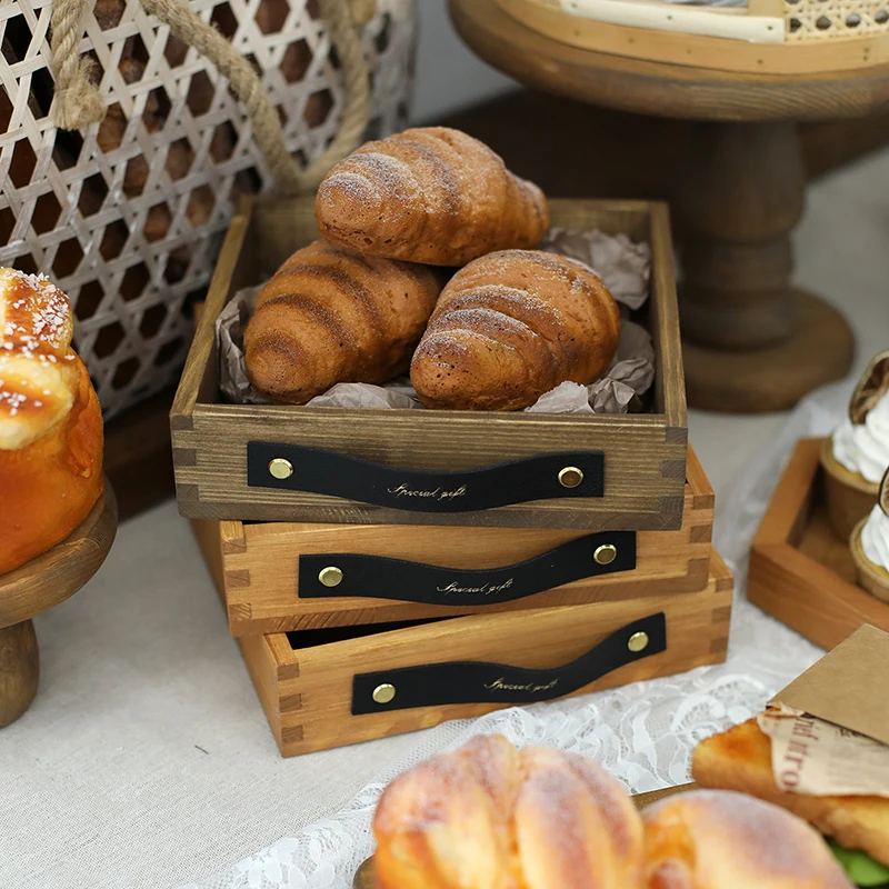 

Vintage Style Wooden Storage Tray with Leather Handle Creative Eco Desserts/Cake Plate Square Natural Wood Tea Tray