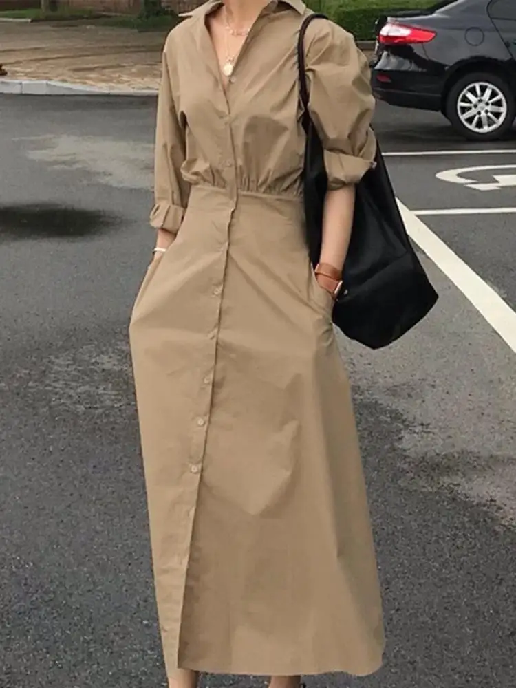 

ZANZEA Bohemian Women Shirt Dress 2022 Spring Long Sleeve Long Sleeve Maxi Dresses Vestido Casual Solid A-line Oversized Robe 1