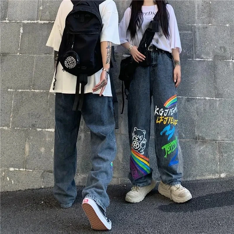 Boyfriend Jeans Women Men Loose Cartoon Graffiti Printing Straight Wide-leg Pants Korean Fashion Streetwear Draped Denim Trouse