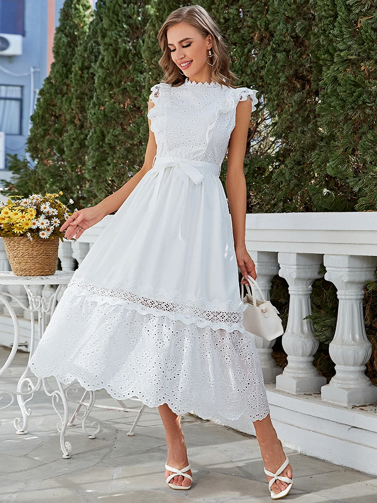 

Simplee Women Elegant White Lace Dress Ruffle Sleeveless Hollow Out Ribbon Maxi Vestidos Office Lady Spring Summer Long Dresses