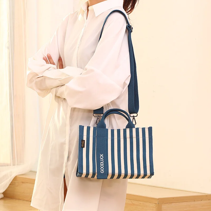 

Blue and White Striped Canvas Bags for Women 2022 Luxury Handbags Student Book Bags Girl Shoulder Messenger Bag Shopping Totes