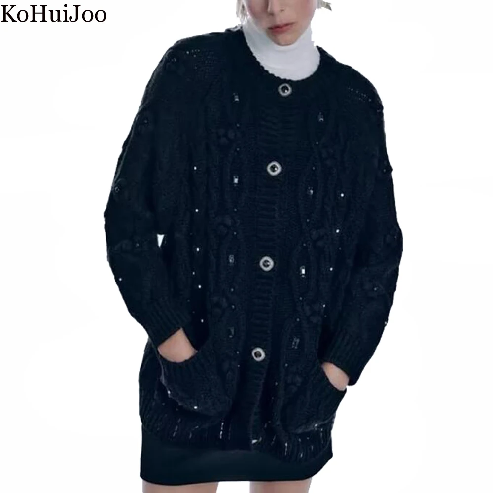 KoHuiJoo Women Cardigans Beaded Autumn Winter Female Japanese Long Sleeve Loose Handwork Beading Rhinestone Knitted Sweater Coat