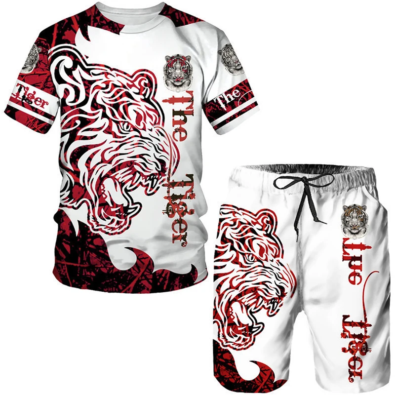 Men's Summer Animal Tattoo White Short Sleeve Quick-Dryin Tiger 3D Print O-neck T-shirt And Shorts Set Casual Tracksuit Clothing