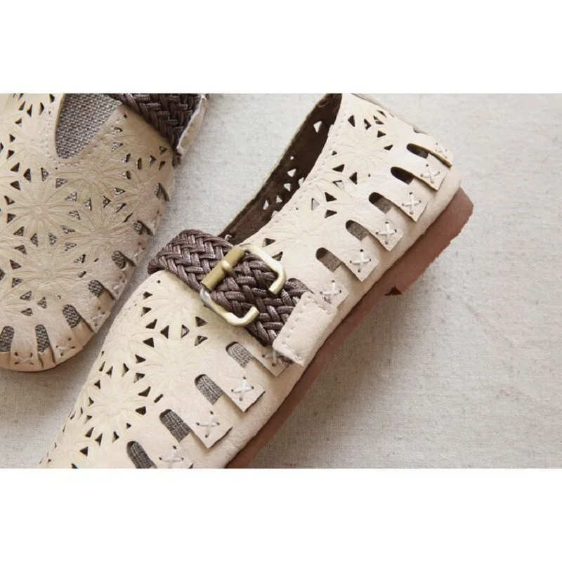 Hollow Out Ballet Flats Women's Leather Moccasins Wide Fit Shoes Ladies Round Toe Buckle Loafer Woman Chic Mary Jane Shoes 2023