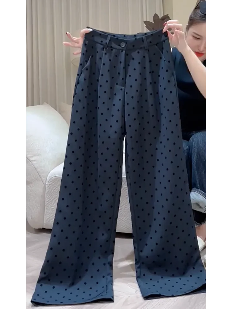 Plus Size French sle Polka Dot Casual Straight Wide-Leg Pants Women 2024 Autumn New Loose Slimming High Waist Mop Long