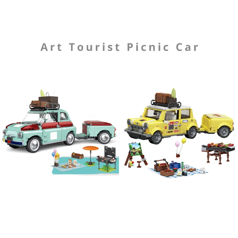 

City Car High Tech Creator Expert Mini Cooper Fiat 500 Art Tourist Picnic Car Model Building Blocks City Trailer Tractor Toys