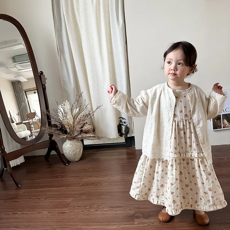 

Girls Korean Coat Spring 2023 New Children's Solid Color Lace Cardigan Baby's Top