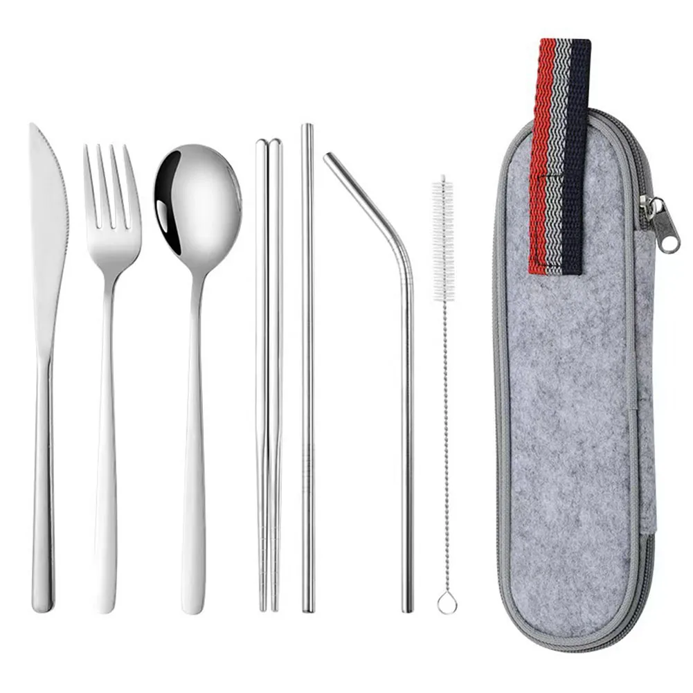 

8pcs Portable Utensils Travel Camping Cutlery Set Fork Spoon Flatware Hot Fork Knife Straw Cleaner Chopsticks Outdoor Tableware