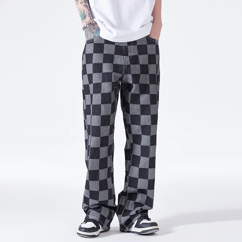 Men's Jeans Checkerboard Printed Pants Korean Version of The Trend of Loose Straight Street Casual Wide-leg Pants Ins Hot Sale
