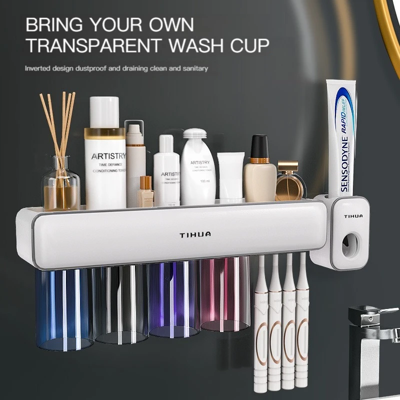 

ECHOME Toothbrush Stand Wall-mounted Toothbrush Holder Punch-free Toothpaste Squeezer Toothpaste Dispenser Home Accessories Rack