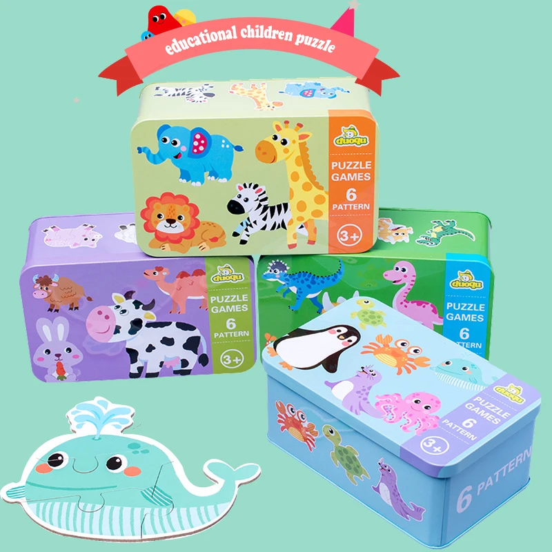 

Kids Creative Wooden Puzzle Iron Box Kindergarten Baby Early Education Cartoon Animal Traffic Puzzle Cognitive Interactive Game