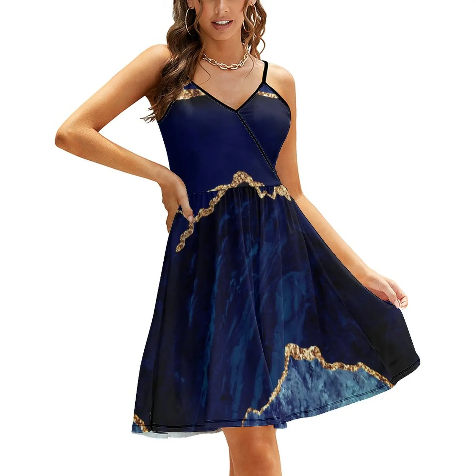 

Marble Print Dress Female Navy Blue Gold Boho Beach Dresses Summer Straps Street Style Custom Casual Dress Large Size