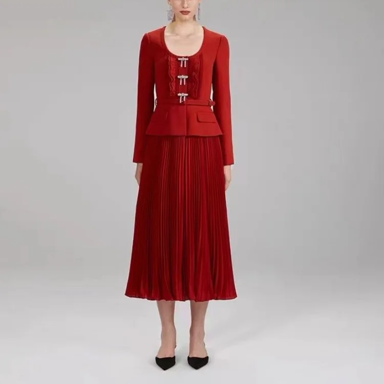 

New Arrival 2022 Autumn Winter Classic Red Black Court Style False Two Piece Dress with Bow Decoration for Fashion Women