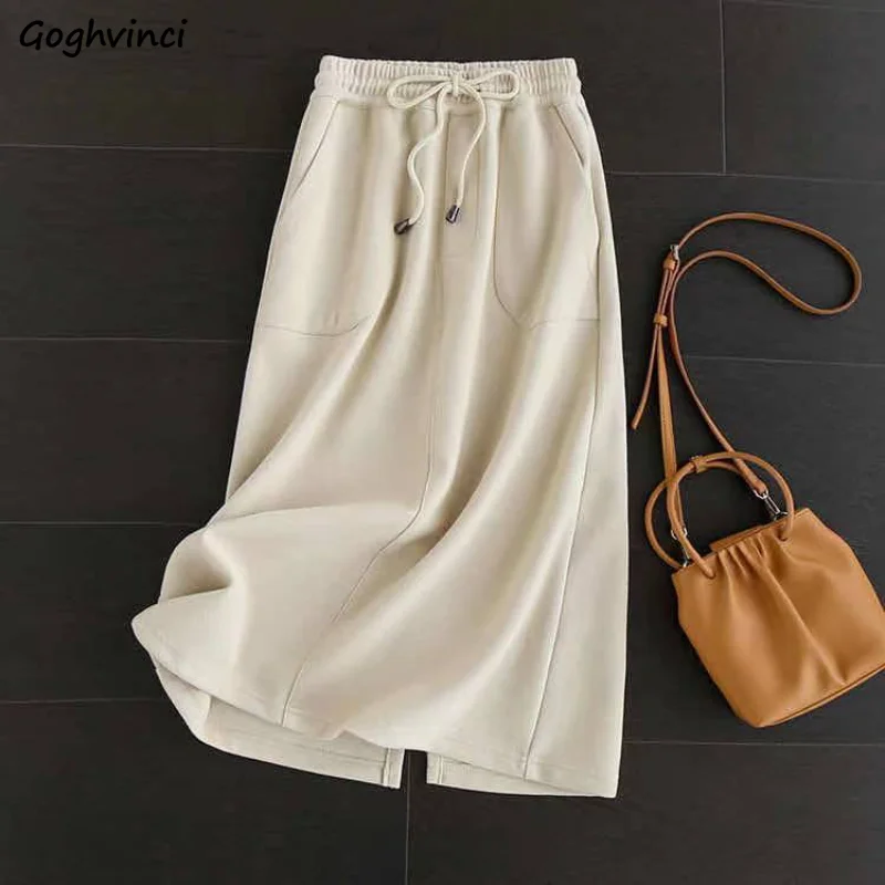 

Back-slit Skirts Women Ulzzang Young Simple Pockets Midi Autumn New Fashion Sporty Schoolgirls Ins Chic Preppy Korean Style Pure