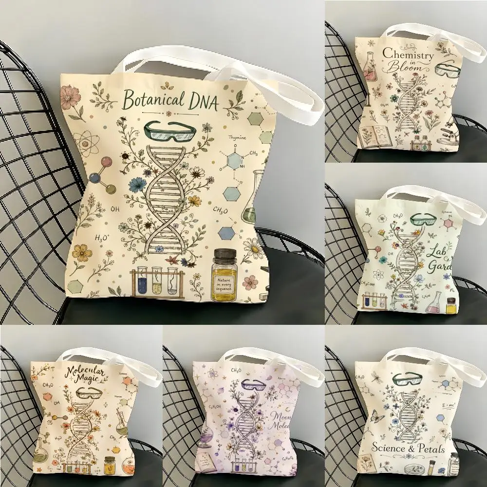 Фото Сумка-шоппер из холщовой ткани Floral Science DNA Chemistry Storage Bags, большая вместительная сумка через плечо, экологичная многофункциональная сумка-тоут №1
