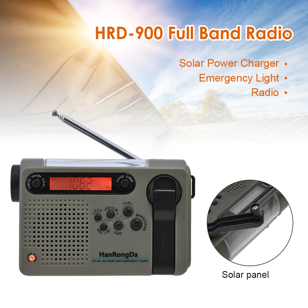 hrd900 multifunctional radio full band solar powered amfmsw radio emergency led flashlight power bank for cell phone outdoor free global shipping