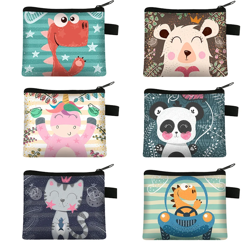 Cartoon Dinosaur Unicorn Coin Purse Children Kawaii Panda Tiger Printing Mini Wallets Casual Kid Card Bag Gift