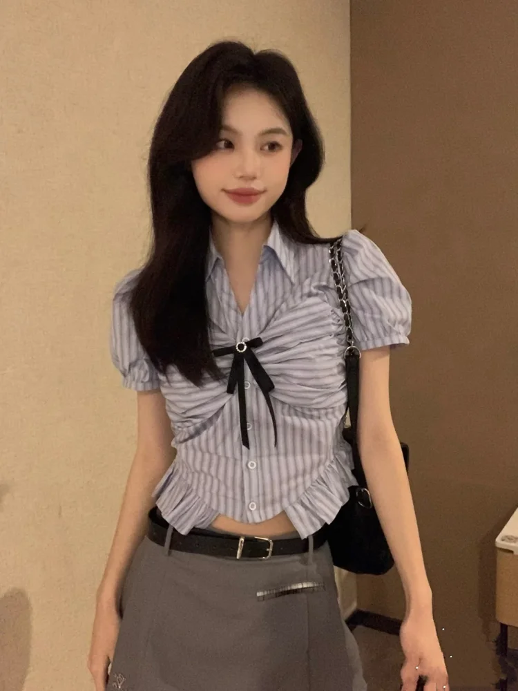 

Korean Fashion Women Striped Blouse Turn Down Collar Bow Patchwork All Match Shirt Short Sleeve Sweet Elegant Short Clothing