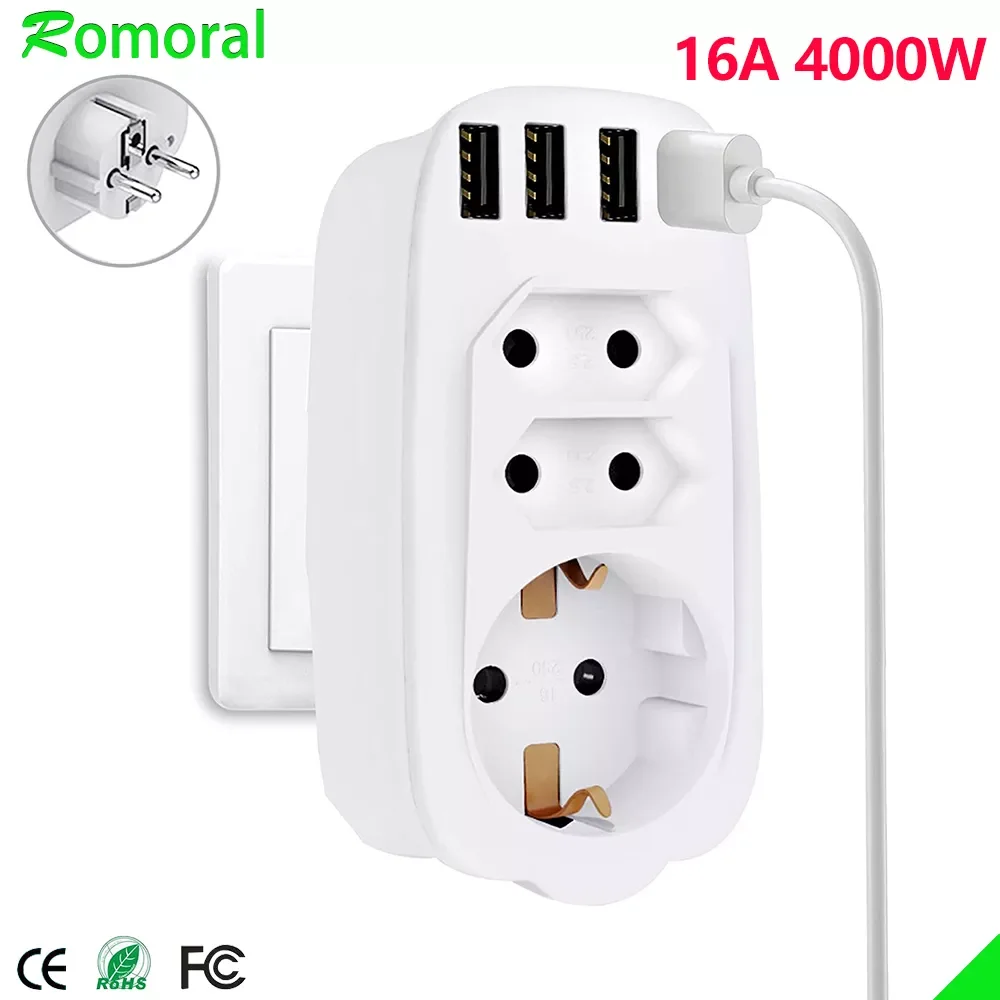 

16A EU Plug Wall Socket With USB 7 in 1 Strip Outlet Wall USB plug adapter 3AC Socket 4USB Charger For Phone Ipad