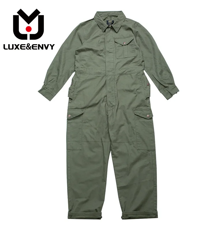 

LUXE&ENVY men's wear multi-pockets workwear jumpsuit black green single breasted loose long sleeve turn collar trousers