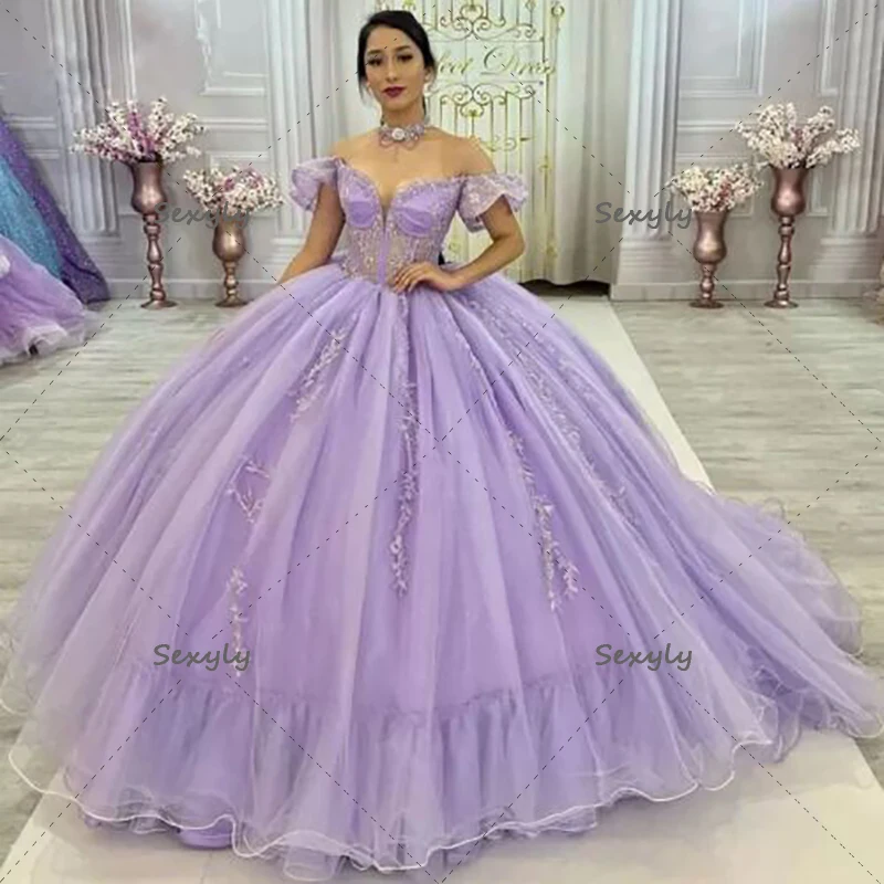

Элегантное бальное платье сиреневого цвета, платья для Quinceanera, милое кружевное пушистое платье с открытыми плечами и аппликацией 15 16, платье...