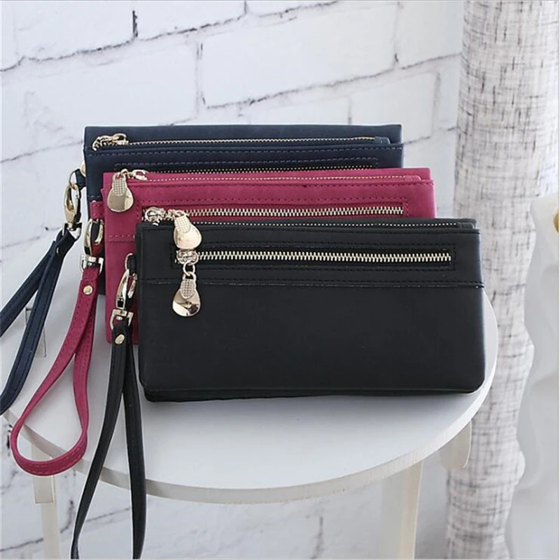 

Women Wallets Double Zipper Day Clutch Wristlet Portefeuille Billetera Mujer Dull Polish Leather Wallets Carteira