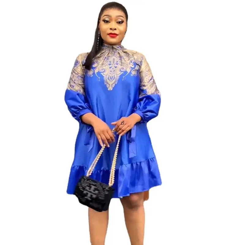 

Polyester New African Dresses For Women Long Sleeve Turkey Flower Printing Evening Wedding Party Dress Muslim Africa Clothes