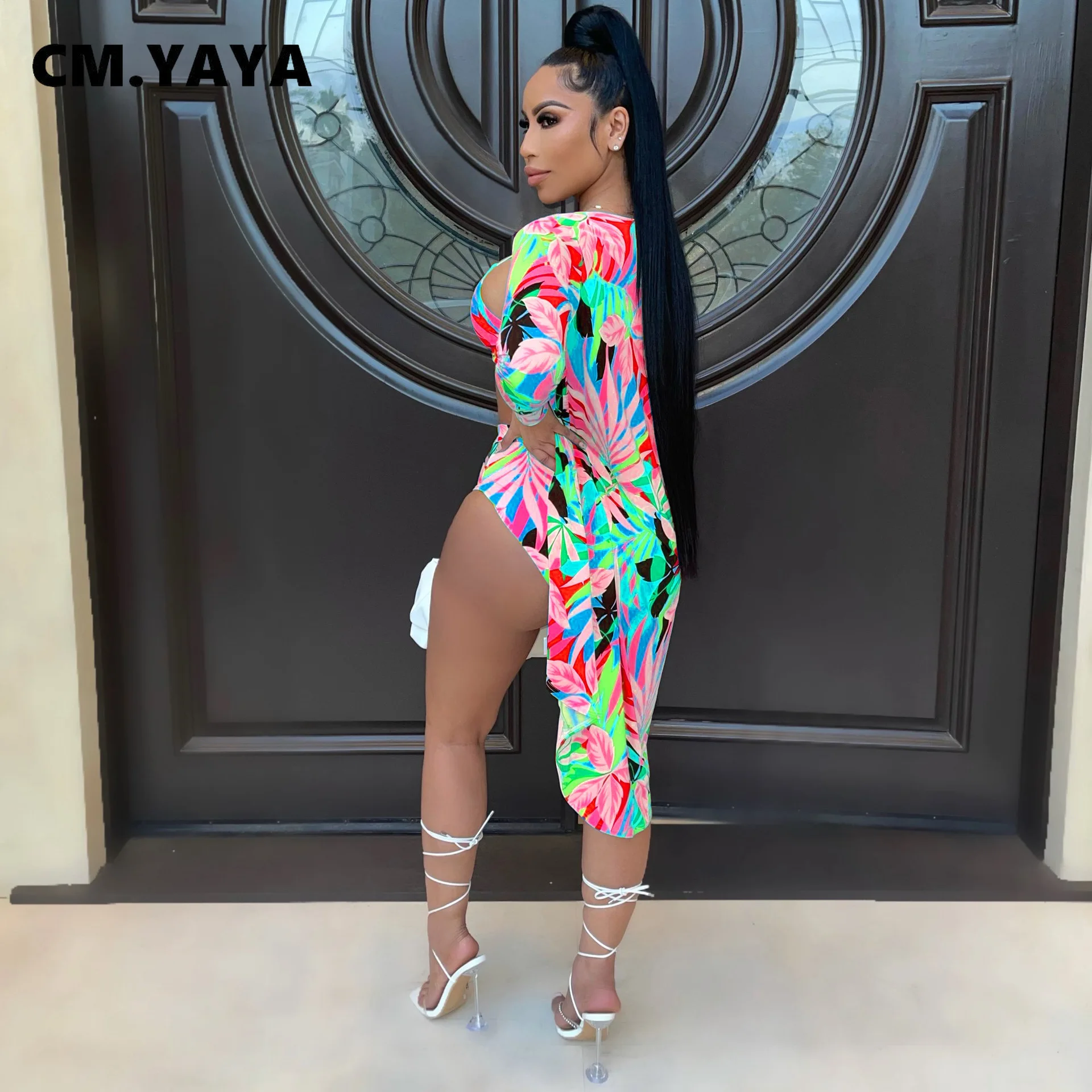 Женский пляжный комплект CM.YAYA бикини с принтом листьев сексуальный топ часами и