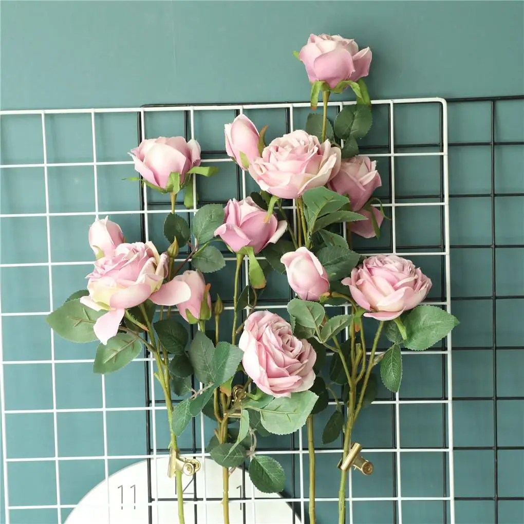 

3-head Artificial Rose Bouquet Simulation Flower Bouquet Home Office Table Centerpiece Wedding festival Floral Decor