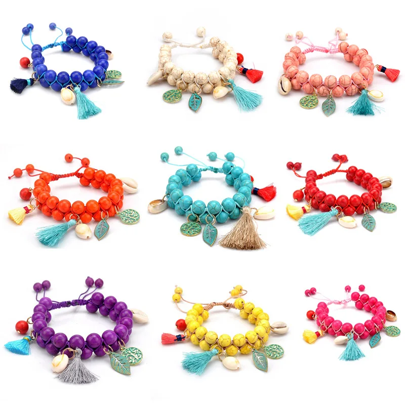 

Boho Ethnic Multicolor Turquoise Bronze Shell Fringe Mix and Match Double Row Women's Braided Bracelet Vintage Charm Bracelet