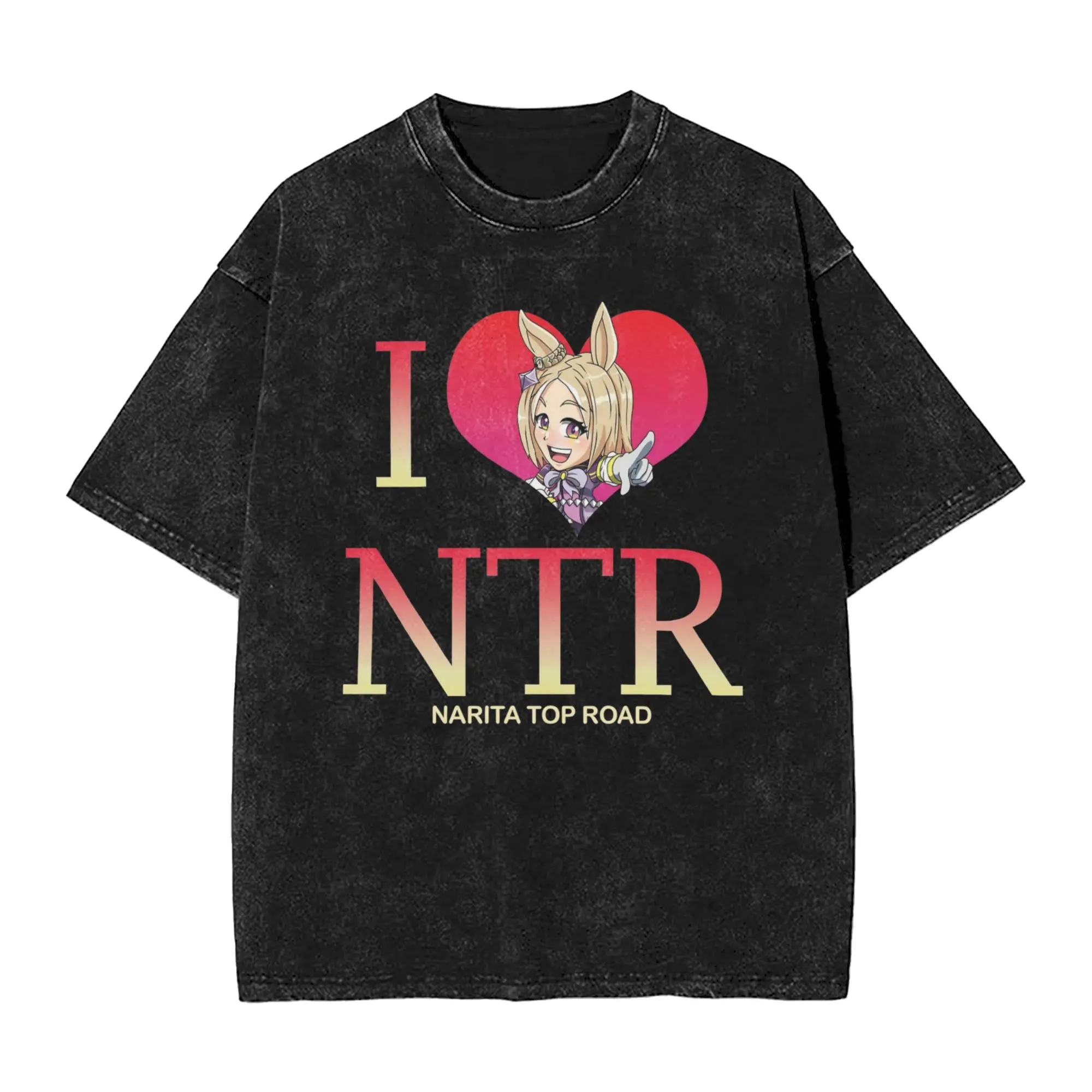 Фото Футболка Umamusume Pretty Derby I Love NTR в стиле хип-хоп, с эффектом потертости, с коротким рукавом, оверсайз, для мужчин и женщин, уличная одежда №1