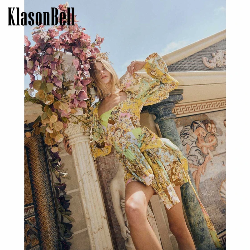 

Женское короткое льняное платье KlasonBell контрастных цветов с принтом, квадратным воротником и рукавами-фонариками, праздничное платье с пояс...