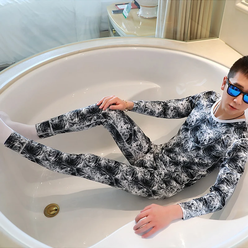 Male Thermal Underwear Print Slim Thermal Pants Underpants Camouflage Set Cotton Underwear Men Long Sleep Bottoms Wholesale