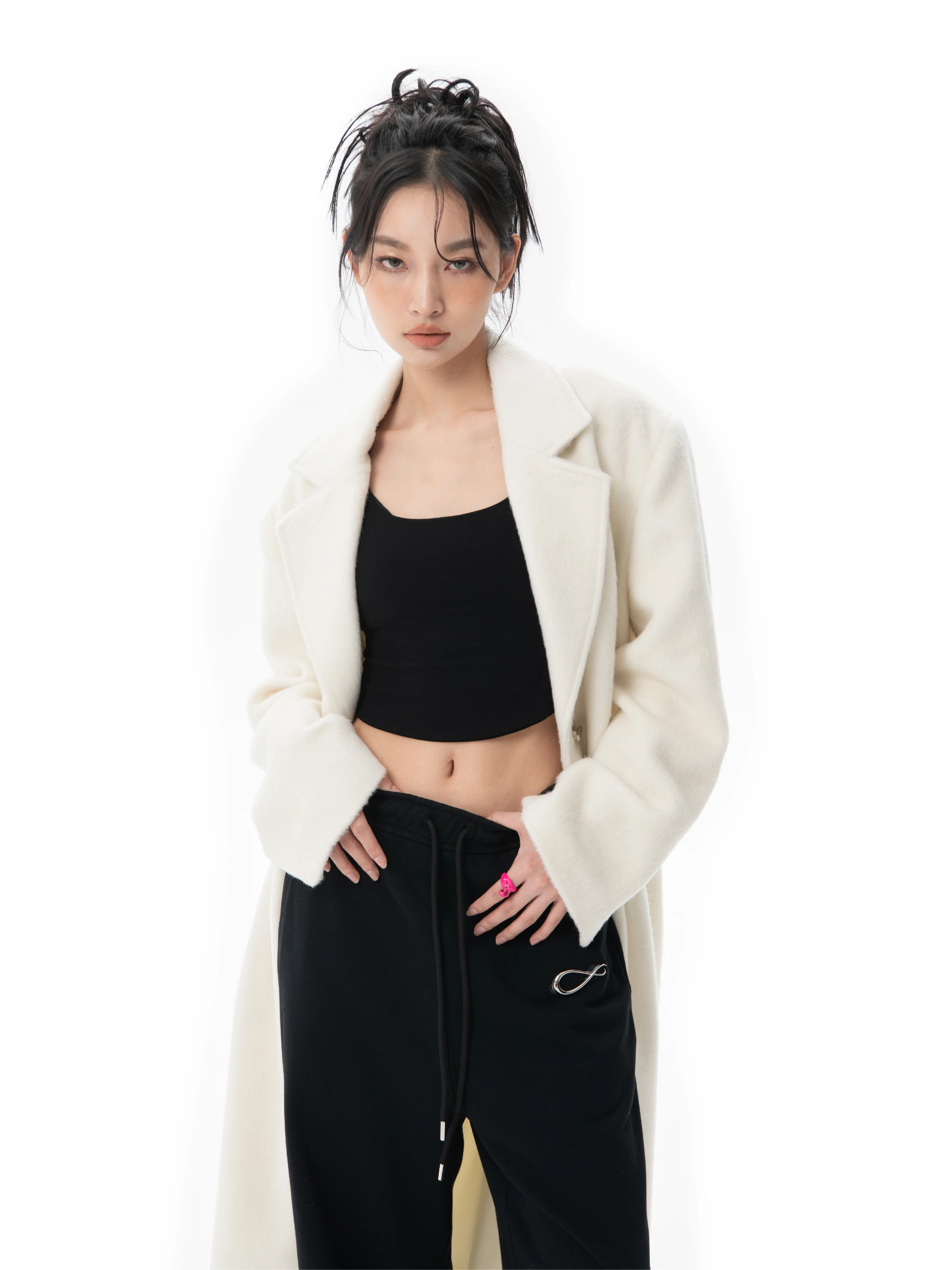 Epny Autumn and Winter Wide Shoulder Pad Coat White OS Men's Women's Same Sle Gender-Free Long Metal Buckle Design...