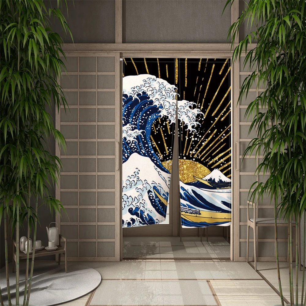 

Ocean Waves Japanese Door Curtain Partition Kitchen Doorway Golden Sunlight Linen Noren Decorative Drapes Cafe Restaurant Decor