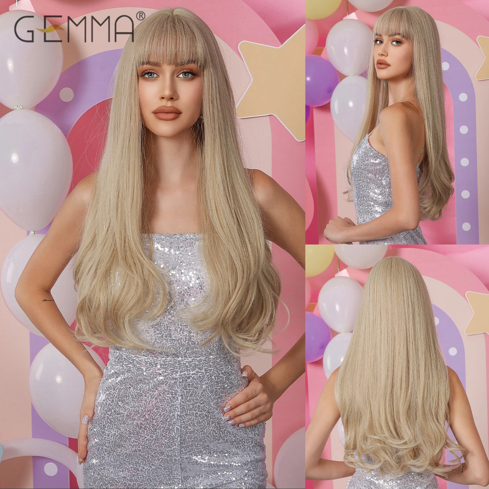 

GEMMA Synthetic Rice Blonde Long Wavy Wig with Bangs Natural Wave Cosplay Lolita Party Hair Wigs for Women Heat Resistant Fibre