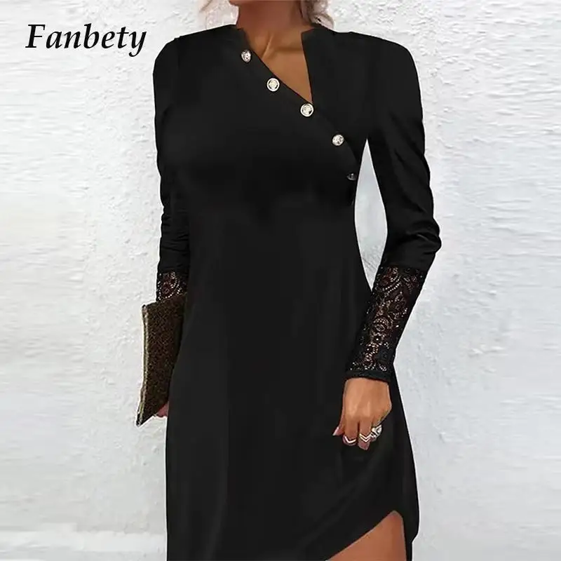 

Fashion Diagonal Collar Single-Breasted Retro Black Dress Women Sexy Slim Long Sleeve Lace Dress 2022 New Solid Lady Mini Dress