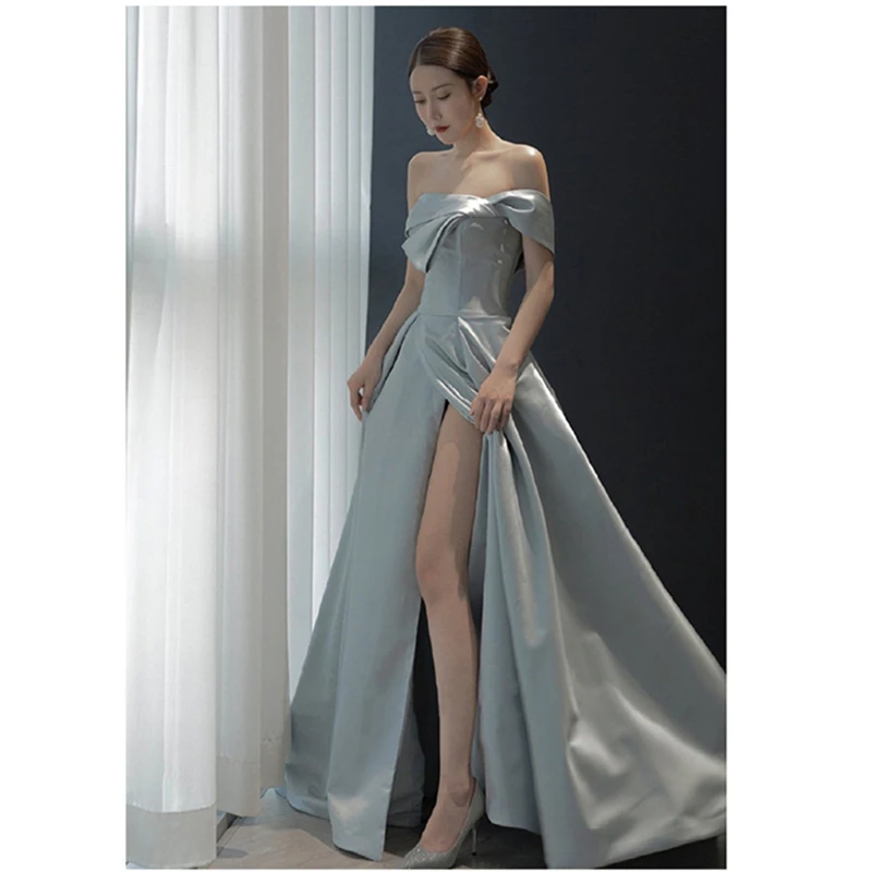 

Party Elegant Off Shoulder High Waist Slit Satin Dress Sexy Night Club Blue Women's Dresses White 2022 Summer Robe Cottagecore