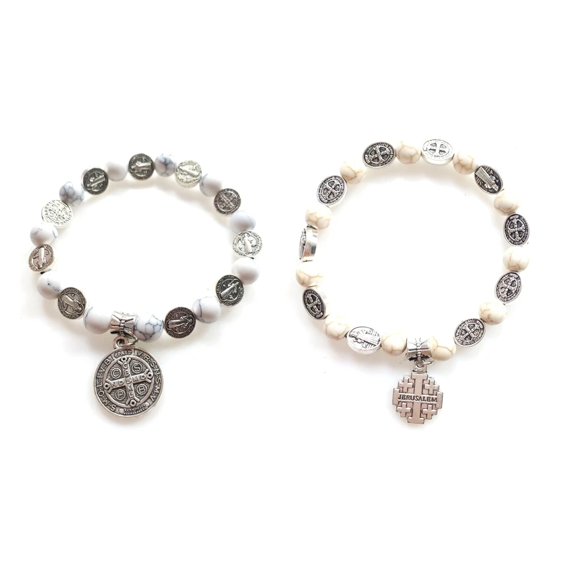 

White Imitation Rosary Baptism Bracelet Catholic Mini Turquoise Rosary