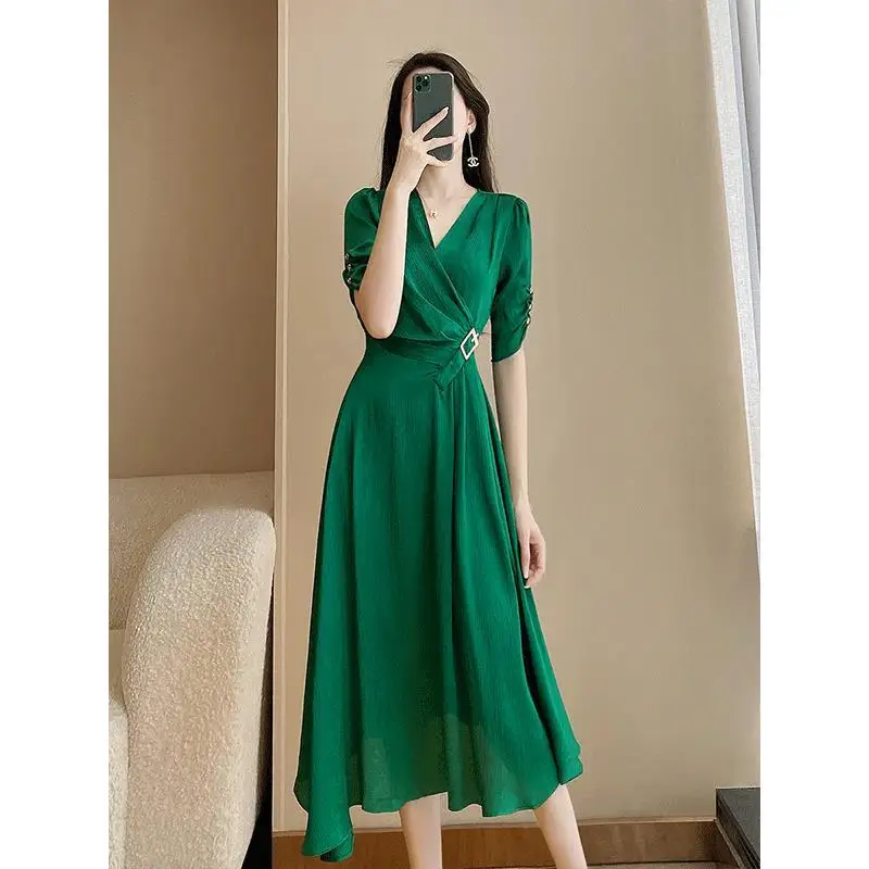 

Summer V Neck Irregular Slim Dresses Female French Short Sleeve Dress 2022 New Elegant Office Ladies Clothe Vestidos D27